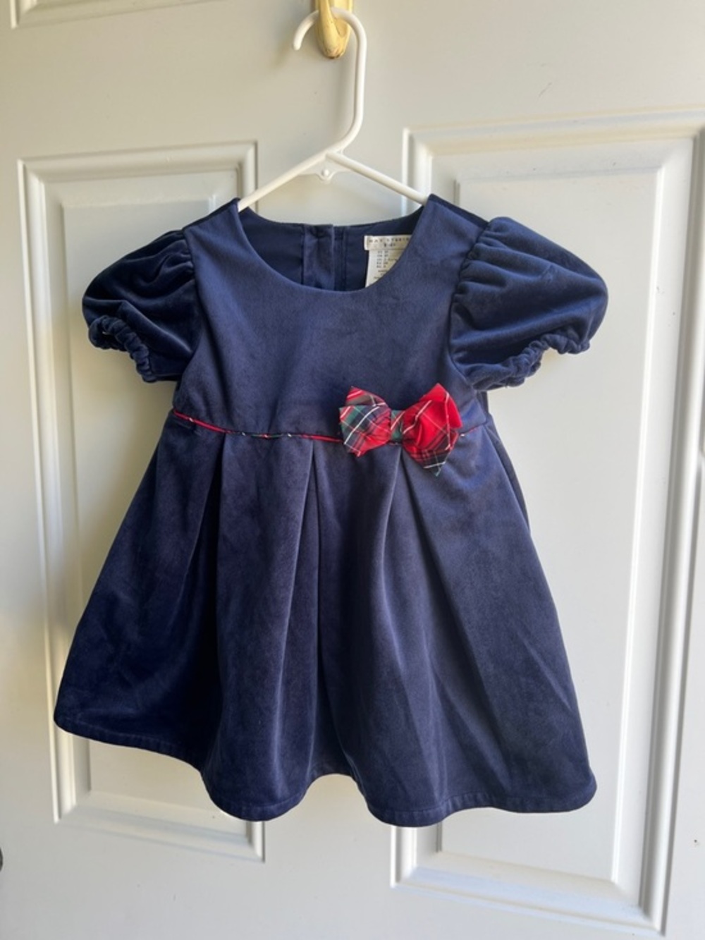 Max Studio Navy Velvet Dress with Red Plaid Bow Accent